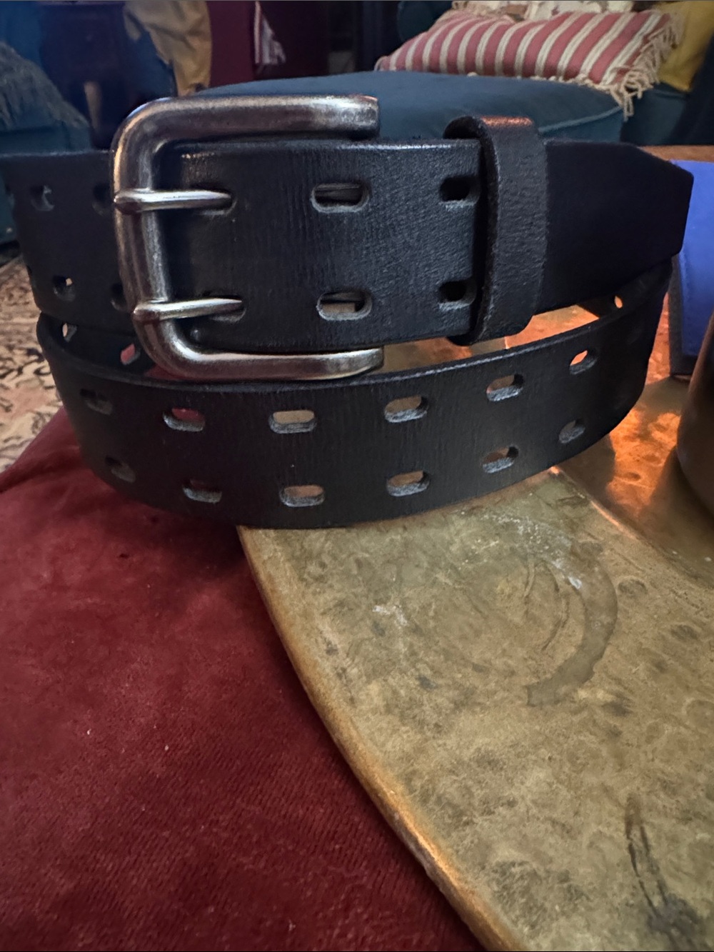 Source Unknown Black Leather Double-Prong Belt with Perforated Strap
